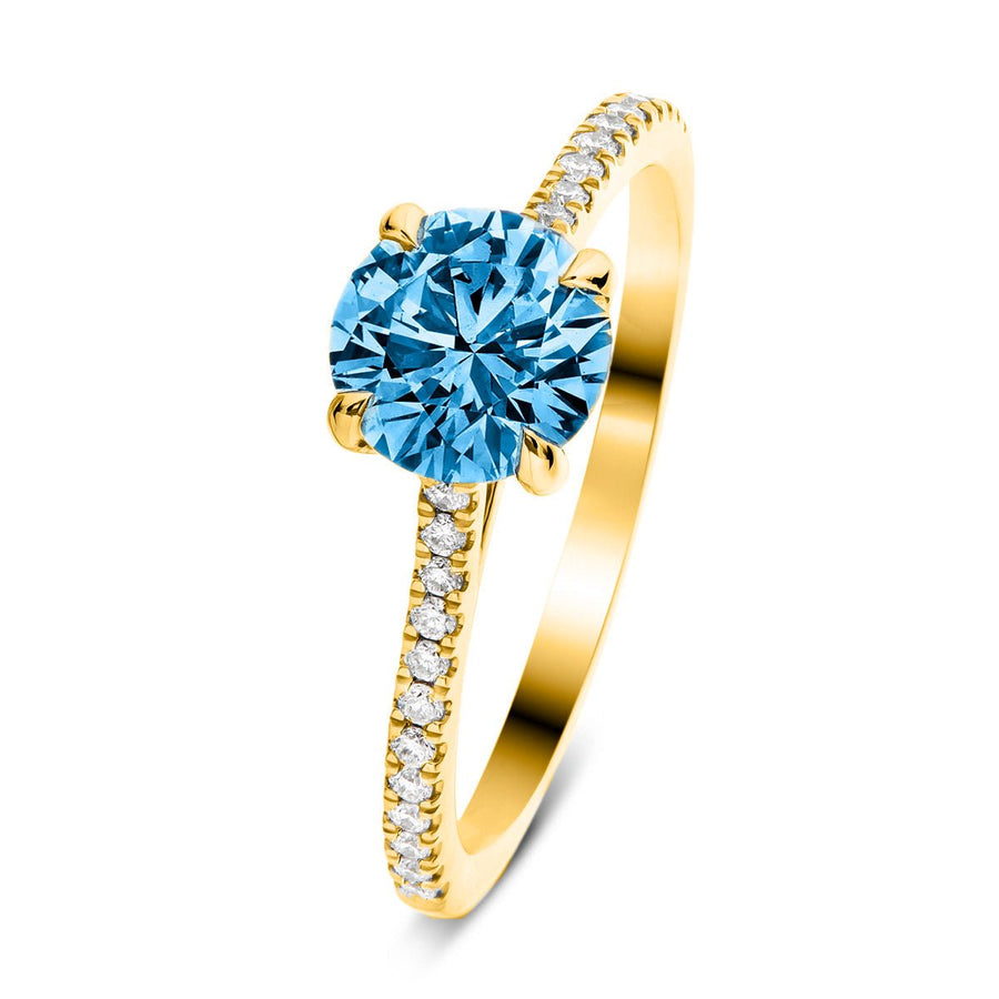 Amelia Blue Lab Diamond Round Side Stone Engagement Ring 0.75ct 18k Yellow Gold - After Diamonds