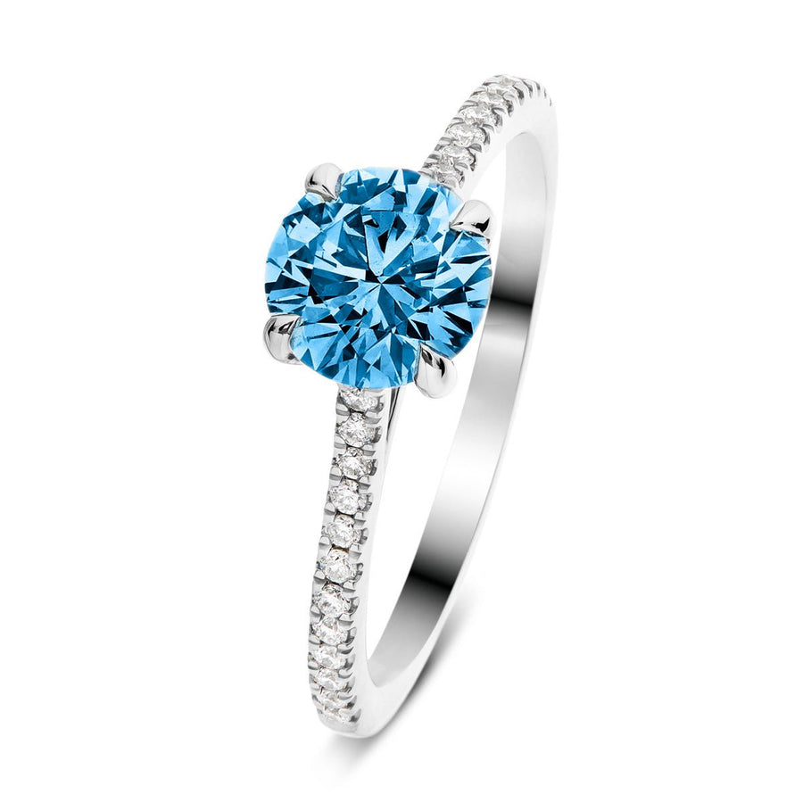 Amelia Blue Lab Diamond Round Side Stone Engagement Ring 1.25ct 18k White Gold - After Diamonds