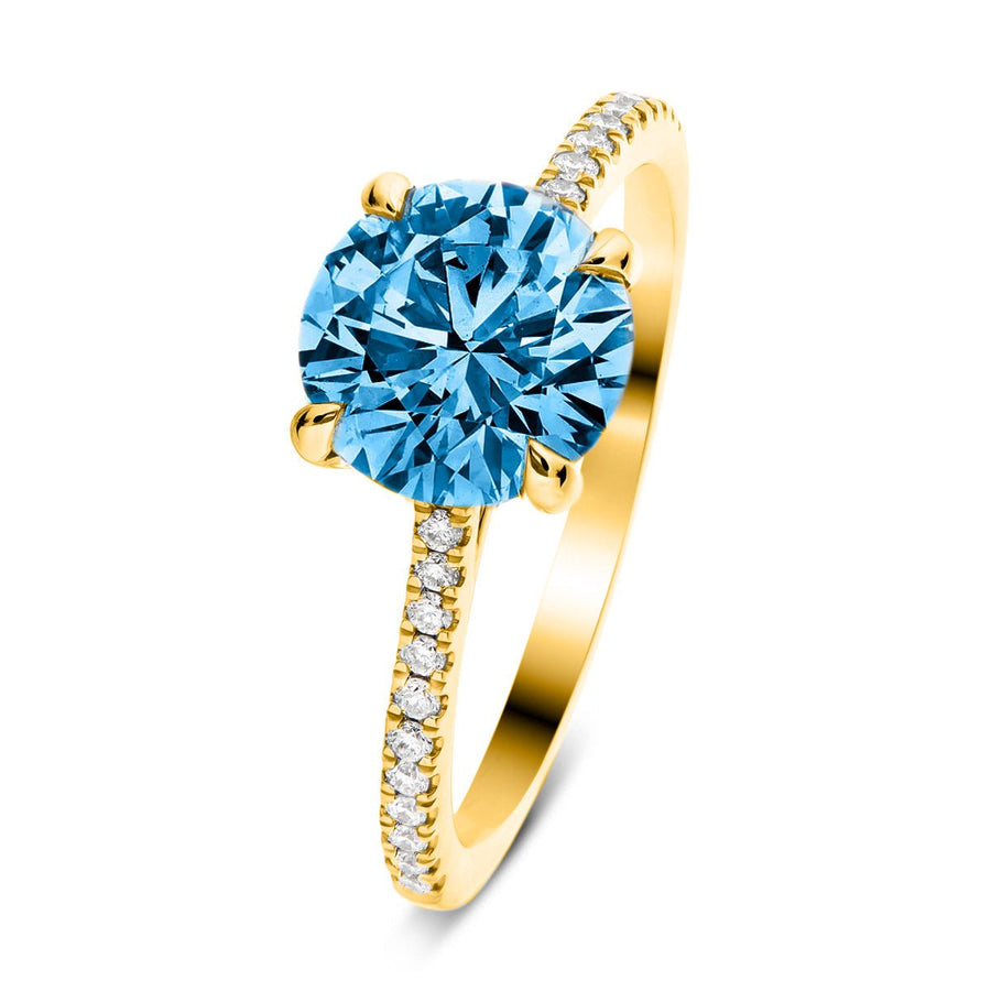 Amelia Blue Lab Diamond Round Side Stone Engagement Ring 2.30ct 18k Yellow Gold - After Diamonds