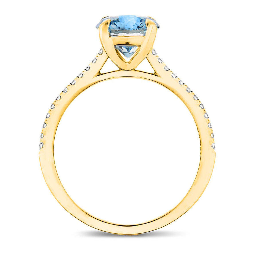 Amelia Blue Lab Diamond Round Side Stone Engagement Ring 2.30ct 18k Yellow Gold - After Diamonds