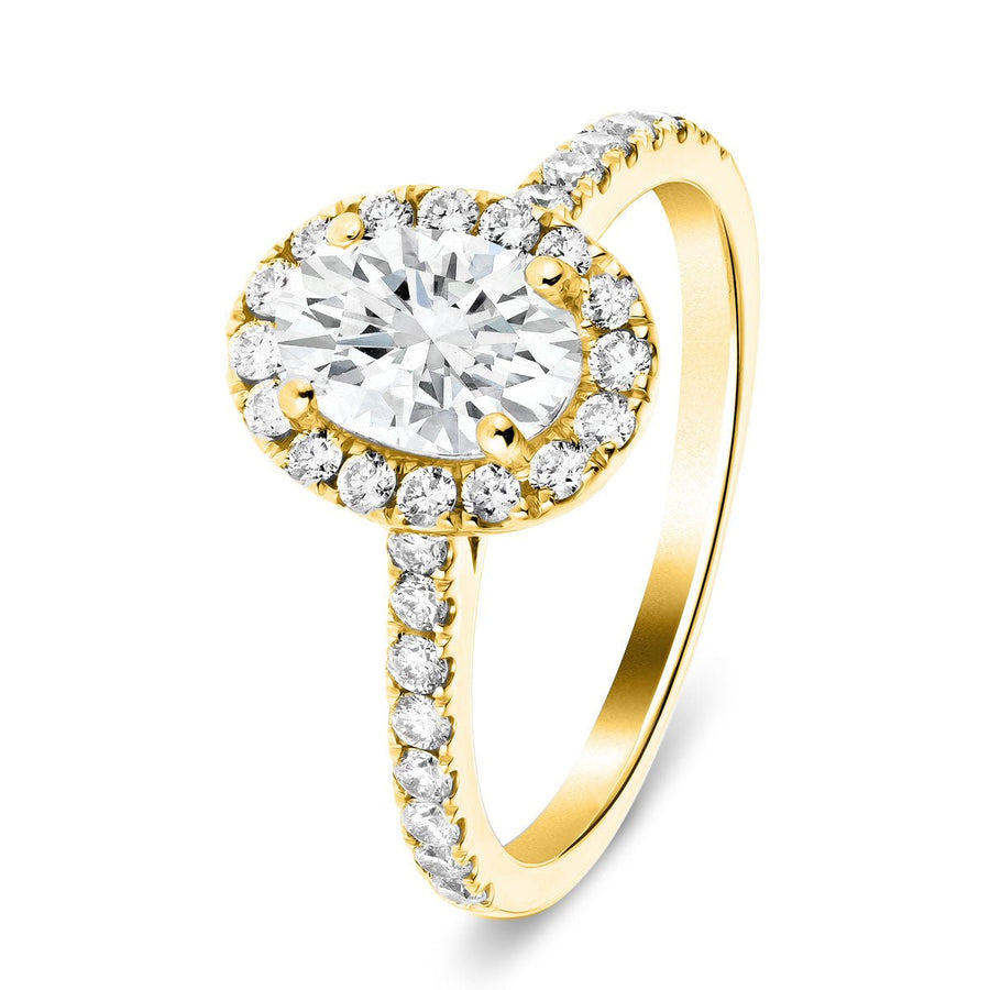 Chloe Lab Diamond Halo Oval Engagement Ring 0.85ct D/VVS in 9k Yellow Gold - After Diamonds