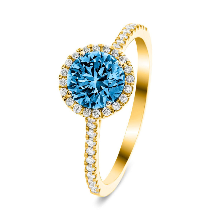 Elsie Blue Lab Round Diamond Halo Engagement Ring 1.00ct in 18k Yellow Gold - After Diamonds