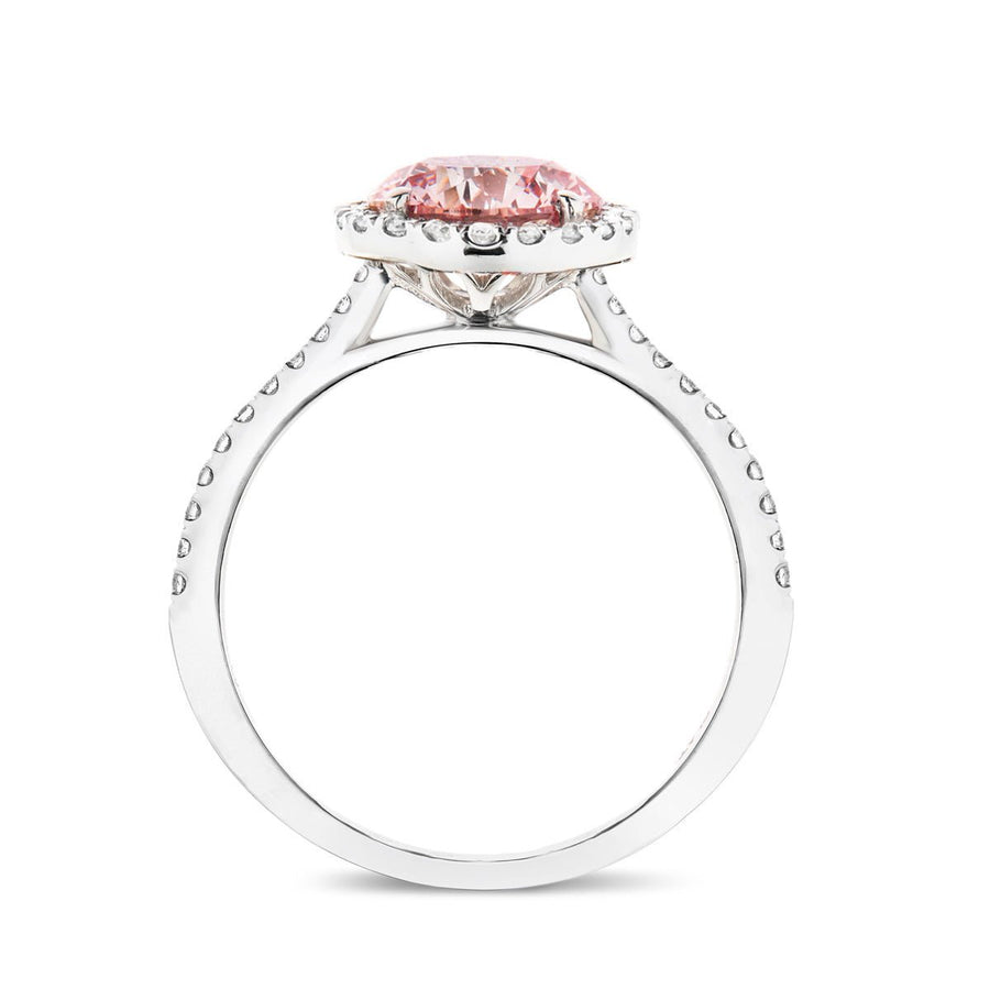 Elsie Pink Lab Round Diamond Halo Engagement Ring 3.00ct in 18k White Gold - After Diamonds