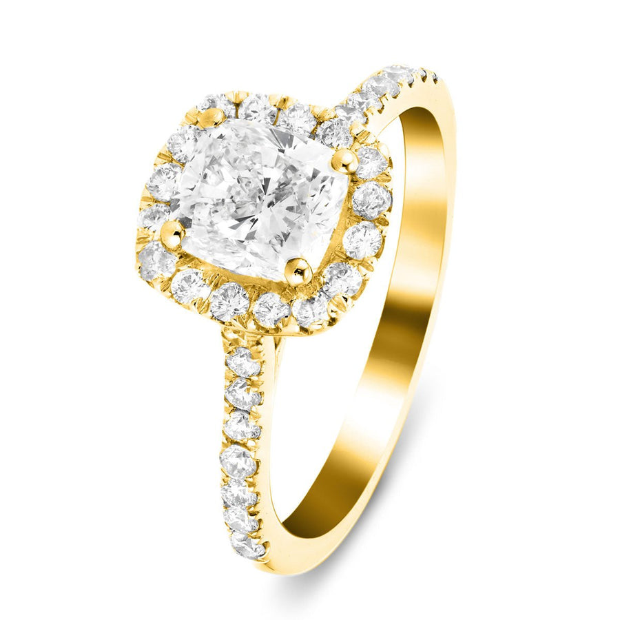 Eva Lab Diamond Halo Cushion Engagement Ring 1.50ct D/VVS in 18k Yellow Gold - After Diamonds