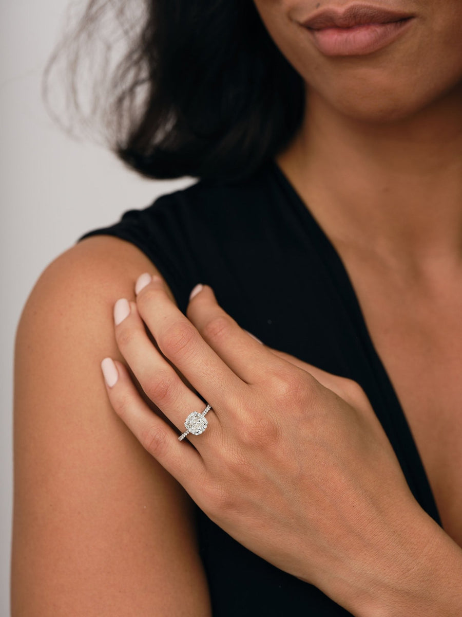 Eva Lab Diamond Halo Cushion Engagement Ring 3.75ct G/VS in 18k White Gold - After Diamonds