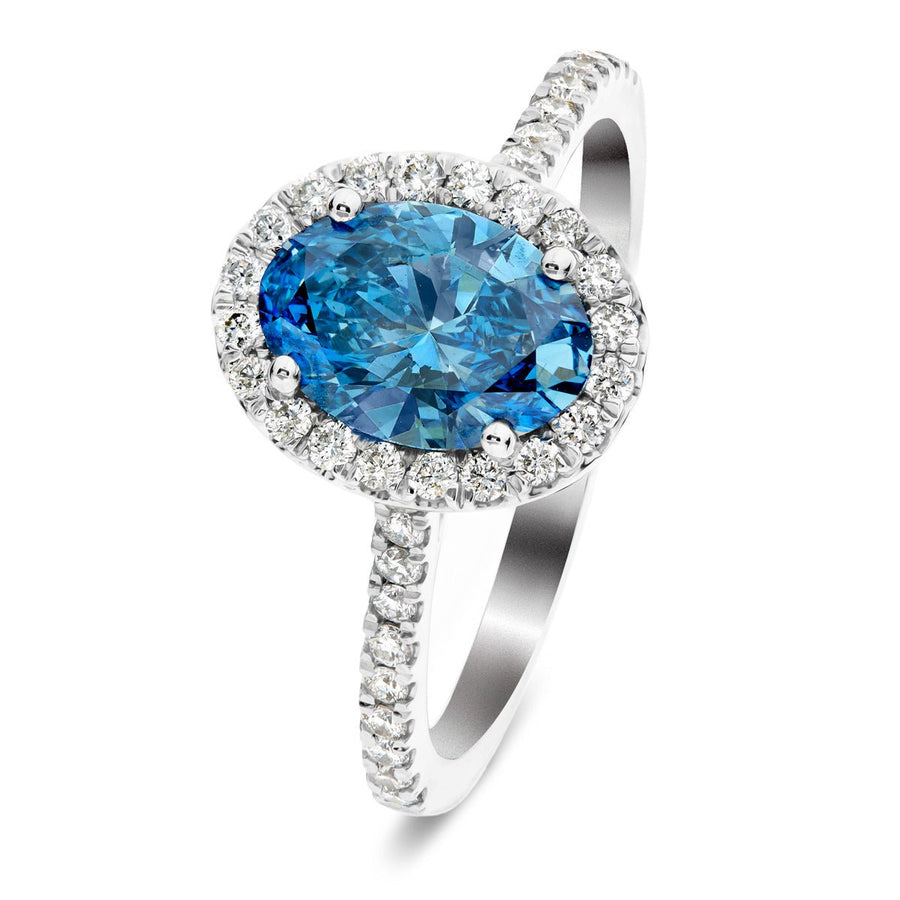 Isla Blue Lab Oval Diamond Halo Engagement Ring 1.75ct in 18k White Gold - After Diamonds