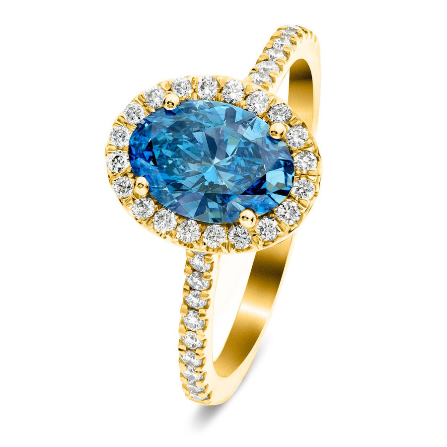 Isla Blue Lab Oval Diamond Halo Engagement Ring 1.75ct in 18k Yellow Gold - After Diamonds