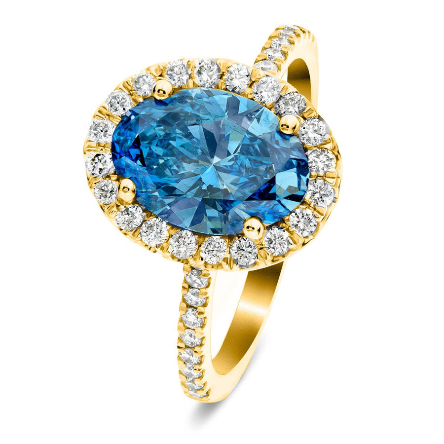 Isla Blue Lab Oval Diamond Halo Engagement Ring 2.50ct in 18k Yellow Gold - After Diamonds