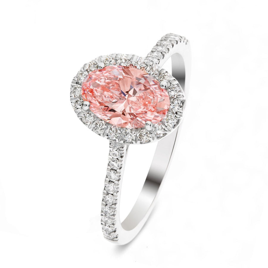 Isla Pink Lab Oval Diamond Halo Engagement Ring 1.00ct in 18k White Gold - After Diamonds