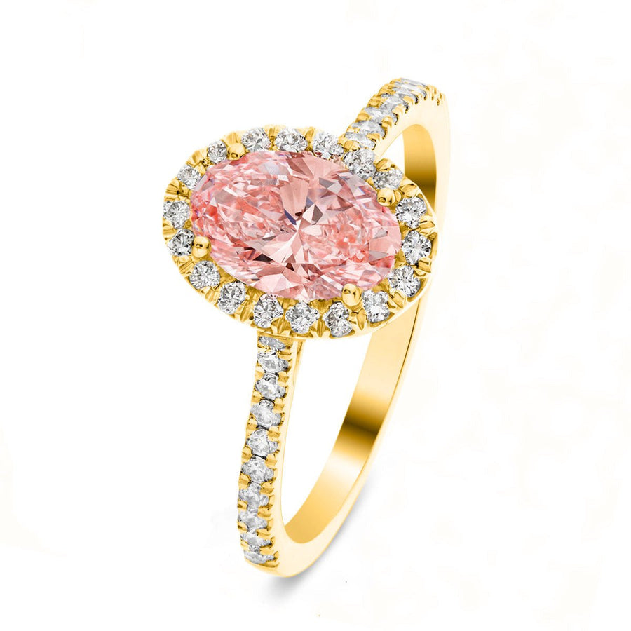 Isla Pink Lab Oval Diamond Halo Engagement Ring 1.75ct in 18k Yellow Gold - After Diamonds