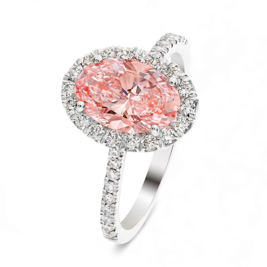 Isla Pink Lab Oval Diamond Halo Engagement Ring 2.50ct in 18k White Gold - After Diamonds