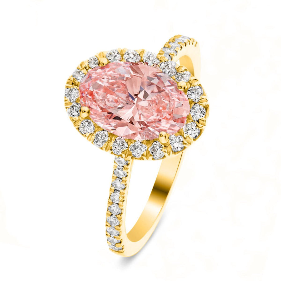 Isla Pink Lab Oval Diamond Halo Engagement Ring 3.00ct in 18k Yellow Gold - After Diamonds