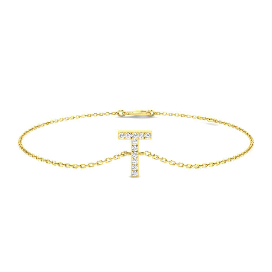 Lab Diamond 'T' Initial Chain Bracelet 0.15ct G/VS in 9k Yellow Gold - After Diamonds